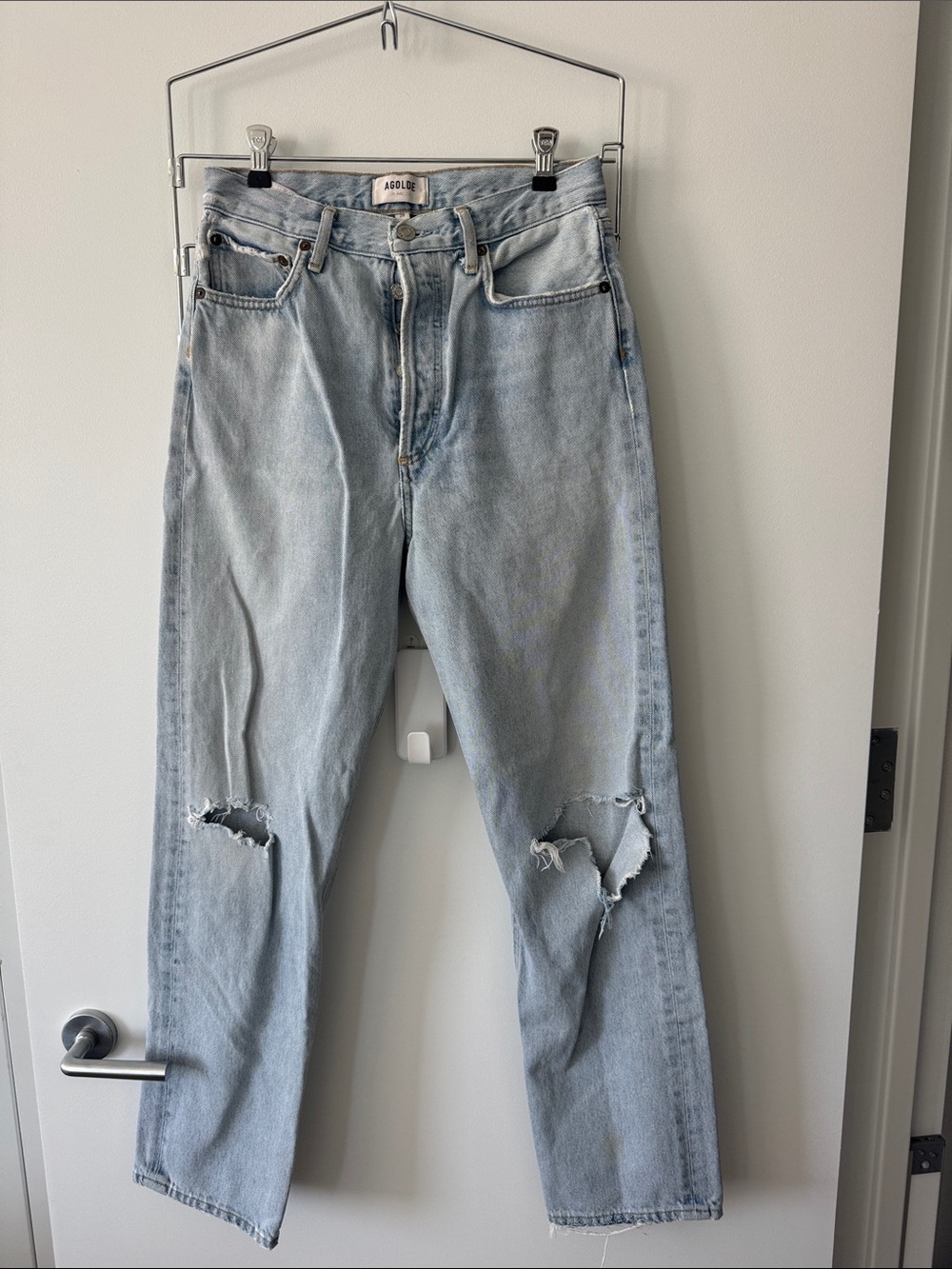 Agolde Light Blue Straight Leg Distressed Jeans